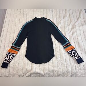 Free People Navy Mixed Knit Leopard Cuff Statement Sweater – M